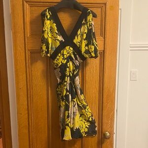 Diane Von Furstenberg Yellow and Black Floral Silk Mini Dress